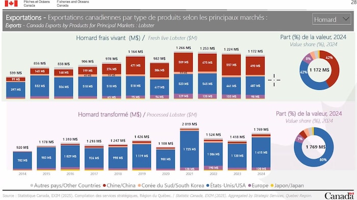 Un tableau montre les exportations de homard vivant et transformé dans différents pays.