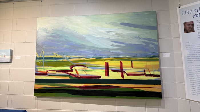 Peinture de Michel Saint Hilaire représentant des plaines avec des lignes géométriques rouges.