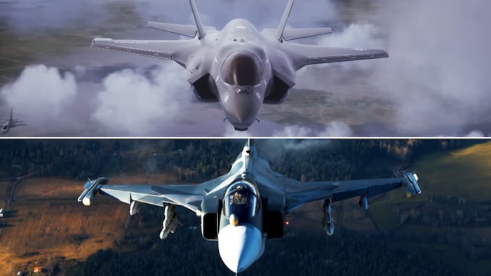 Montage photo d'un avion de chasse F-35 et d'un Gripen en plein vol.