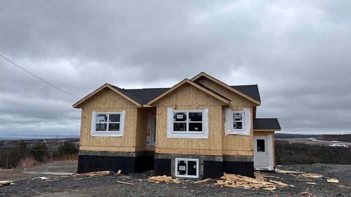 Une maison en construction, sans revêtement extérieur, sur un terrain de roches, sous un ciel nuageux et gris.