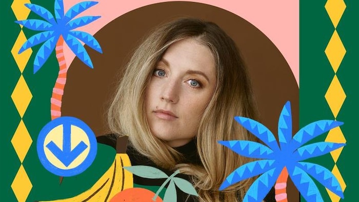 Pochette de la chanson montrant la chanteuse entourée de palmiers, de fruits et d'un flamand rose.