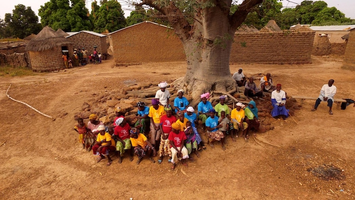 Des femmes avec des enfants en Afrique assis autour d'un arbre.