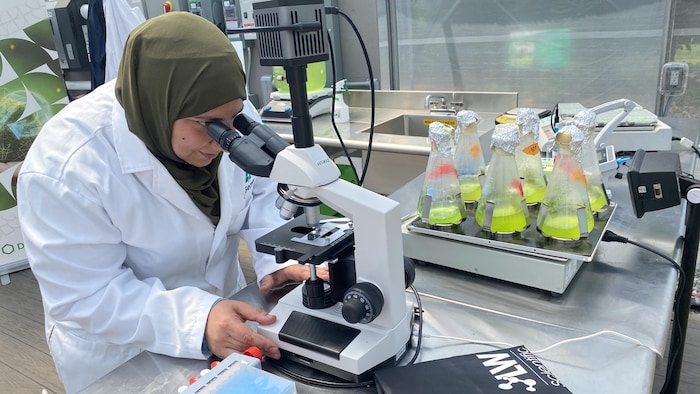 Une femme utilise un appareil scientifique pour analyser des eaux colorées.