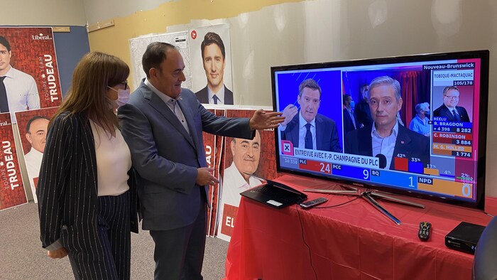 Une homme et une femme en face d'une télévision.