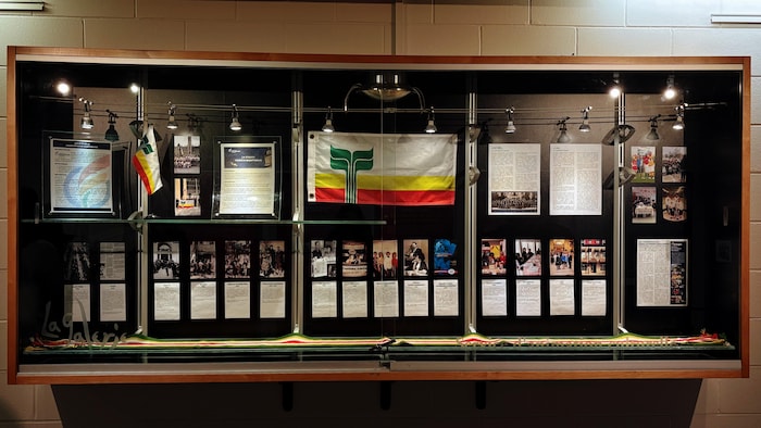 Vitre avec drapeaux de la francophonie manitobaine.