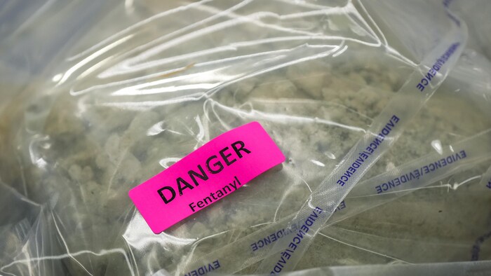 Une étiquette portant la notation  « information   fentanyl » est apposée sur un sac.