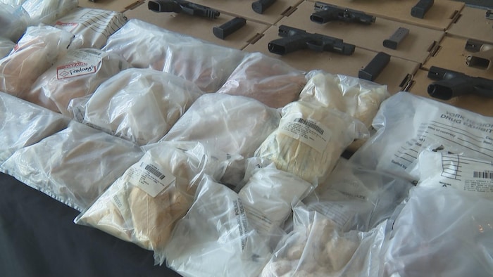 La Police régionale de York a révélé les armes à feu et les sacs de drogue lors de la conférence de presse.