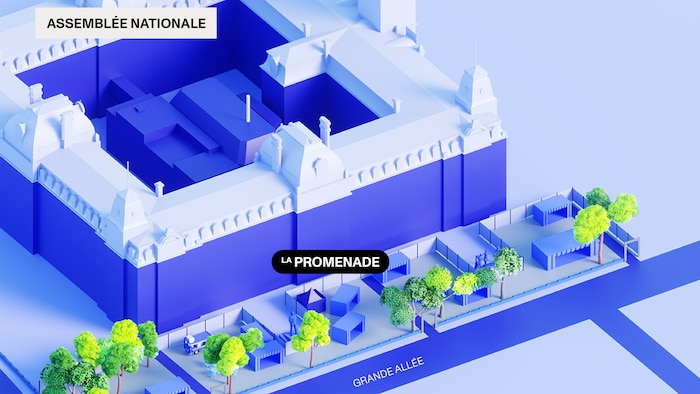 La nouvelle promenade du Festival d'été est constituée d'une allée de kiosques longeant l'Assemblée nationale du côté sud.