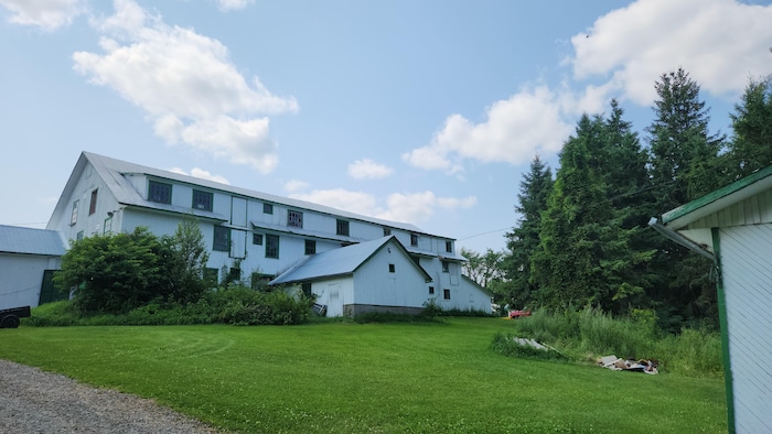 Un bâtiment de ferme sur un terrain gazonné.