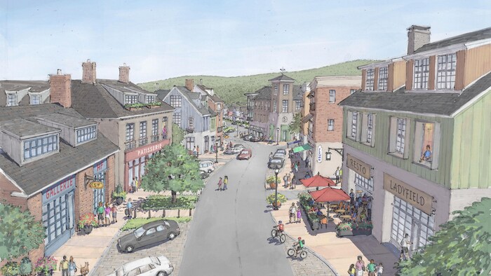 Illustration de ce qu'aurait l'air une rue plus commerciale du projet immobilier.