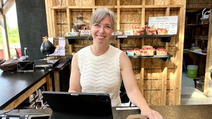 Portrait d'une personne derrière un comptoir de vente de ferme en bois rempli de petits fruits.