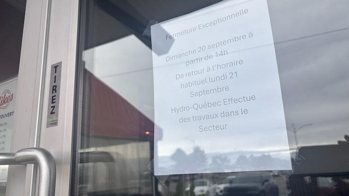 Fermeture exceptionnelle Dimanche 20 septembre à partir de 14 h. De retour à l'horaire habituel lundi 21 septembre. Hydro-Québec effectue des travaux dans le secteur. 