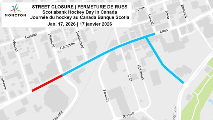 Map qui démontre les fermeture de rues à l’occasion de la Journée du hockey au Canada Banque Scotia.