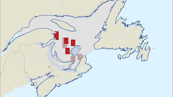 Une carte du golfe du Saint-Laurent  avec des quadrillés colorés ou hachurés.