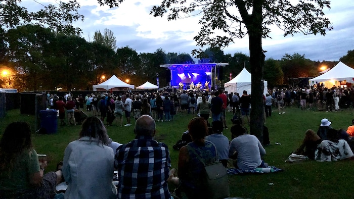 Des gens assis dans l'herbe et debout assistent à un spectacle donné sur une scène extérieure.
