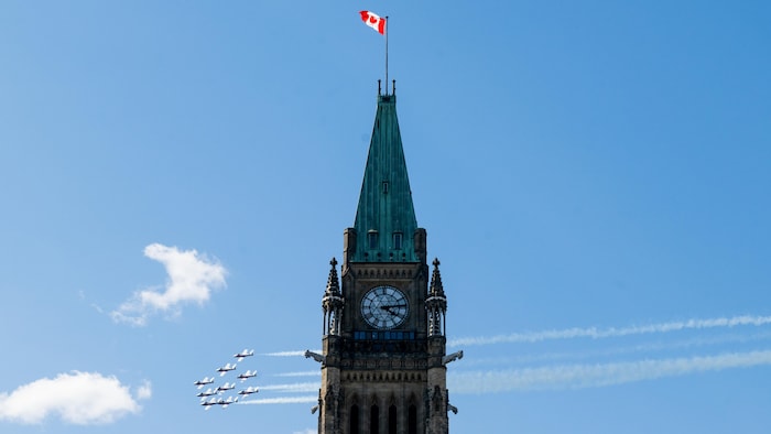 Snowbirds of the Canadian Armed Forces fly near Parliament. did donald trump relaunched canada