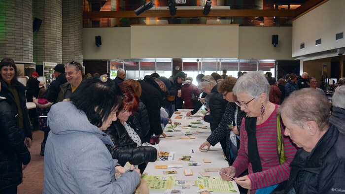 Des gens examinent une table couverte de sachets de semences lors d'un événement. 