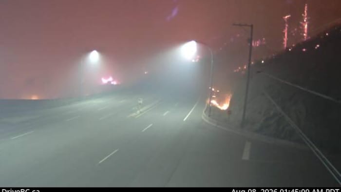 Une route plongée dans la fumée est éclairée par des lampadaires, tandis que des flammes sont visibles de part et d’autre de la chaussée et sur la colline en arrière-plan.