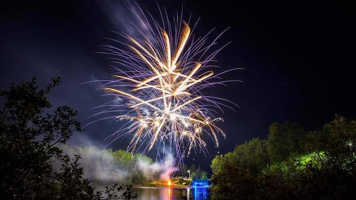 Un feu d'artifice dans les airs qui reflète sur l'eau.