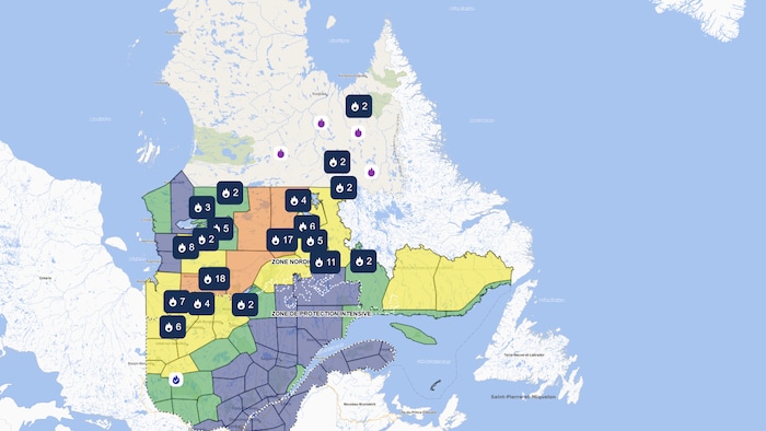 Carte du 31 juillet 2026 par rapport aux feux de forêt au Québec.