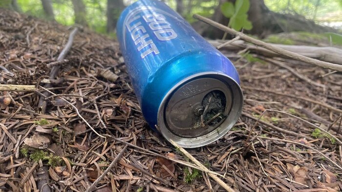 Une cannette bleue de Bud Light couchée sur le côté dans la forêt. On voit par lad   ouverture qu'elle est remplie de cendres.