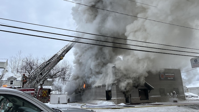 Des pompiers tentent d'éteindre le feu.