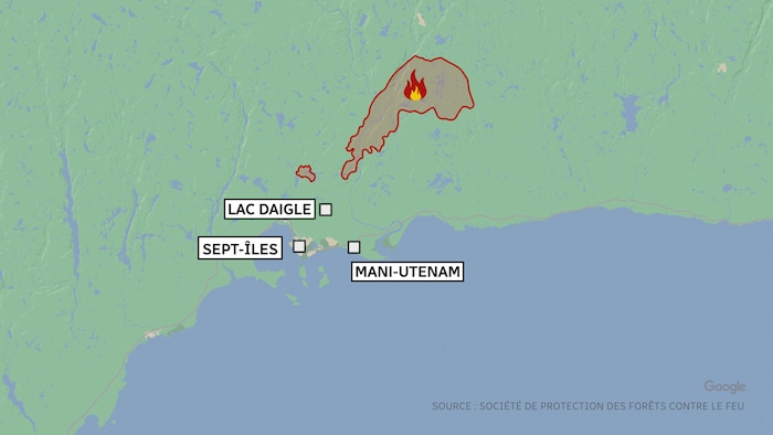 Une carte montre l'étendue d'un feu de forêt à proximité de Sept-Îles et de Mani-utenam en date du 2 juin 2023.