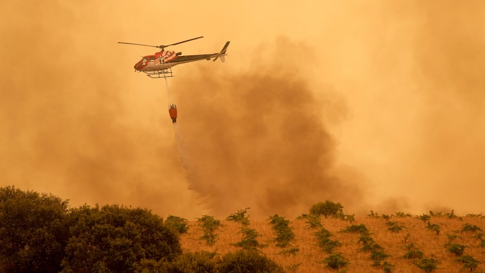 Un hélicoptère de pompiers largue de l'eau sur un incendie de forêt.