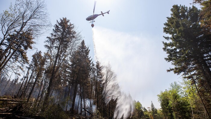 Un hélicoptère largue de l'eau sur un point chaud d'un feu de forêt à Tantallon, en Nouvelle-Écosse, le 1er juin 2023. 
