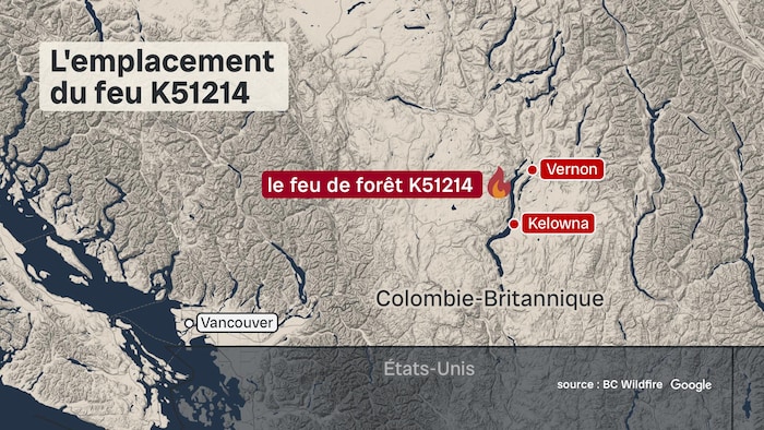 Une carte du sud de la Colombie-Britannique, montrant le feu, entre Vernon et Kelowna.
