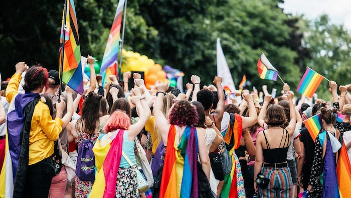 Une foule aux couleurs de la communauté LGBTQ+ marche dans la rue, le poing dans les airs.