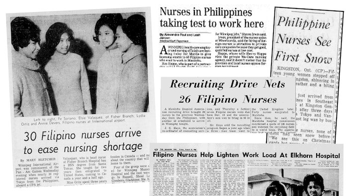 Newspaper clippings show a pattern to these recruitment efforts that many provincial leaders turn to the Philippines when short on nurses. (From top left: University of Manitoba Archives/Winnipeg Tribune Collection, Nov. 22, 1968/Winnipeg Free Press, Jan. 9, 1999/The Brantford Expositor, Feb. 28, 1966/Middle: Winnipeg Free Press, Nov. 22, 1968/From bottom left: Medicine Hat News, Aug. 25, 1965/Brandon Sun, Aug. 13, 1965)