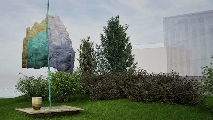 Vue montrant le tableau «La rencontre de savoirs». Œuvre en bronze, acier, granit et marbre en cours de réalisation.