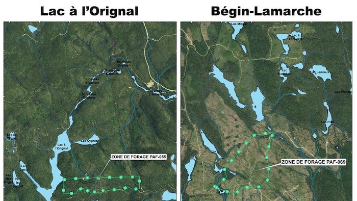 Une carte de deux zones de forage.