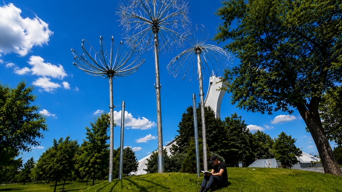 Des fleurs métalliques devant le mât du stade olympique.
