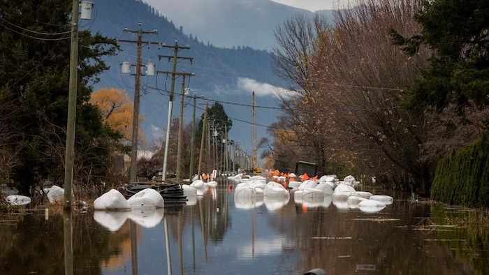 Hay bales float in the middle of a street surrounded by floodwaters in the Sumas Prairie flood zone in Abbotsford, B.C., on Monday, November 22, 2021. Emergency Preparedness Minister Bill Blair told CBC's The House in an interview airing Saturday that the federal government assumed most of the $9 billion-plus in recovery costs.