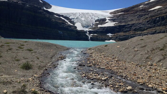 Un ruisseau se forme devant le lac qui se trouve sous le glacier.
