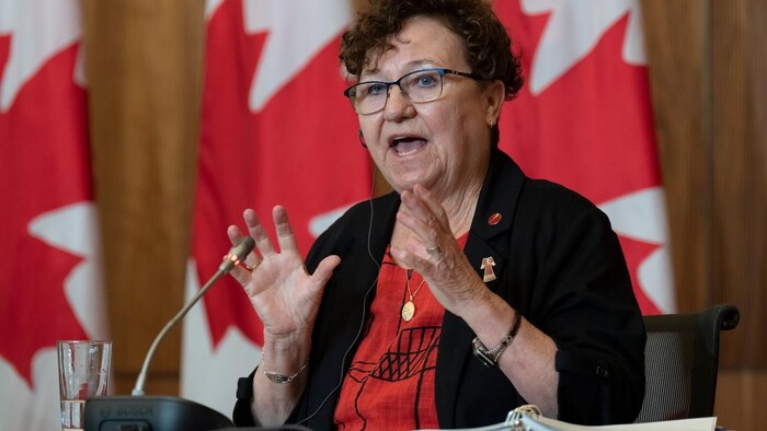 Portrait de la sénatrice Yvonne Boyer devant un drapeau canadien, en train de parler. 
