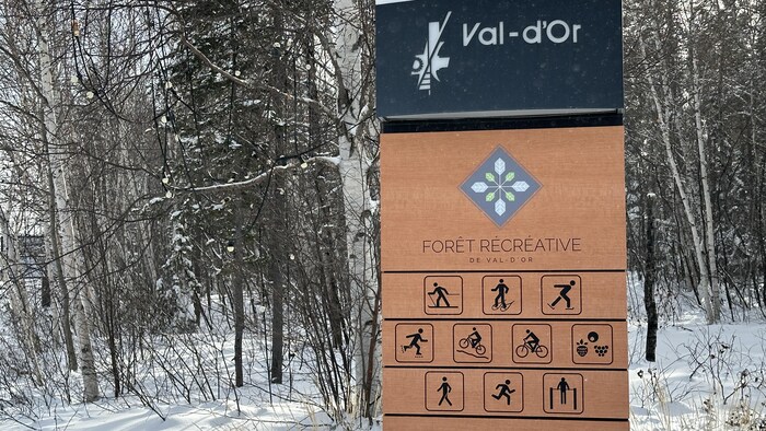 Le panneau d'accueil de la Forêt récréative de Val-d'Or avec un petit dessin qui représente chacun des 10 sports ou activités qu'on peut y pratiquer.