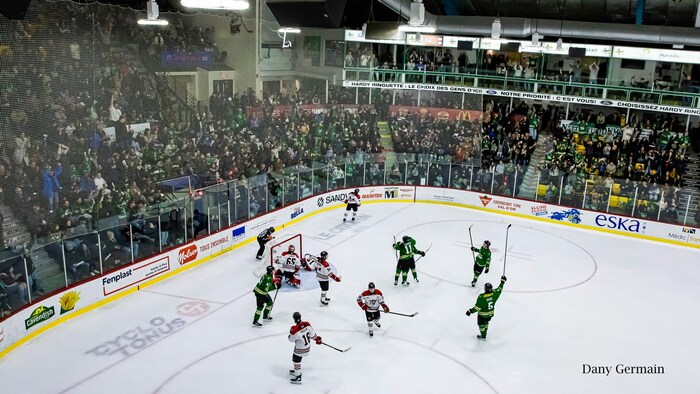 Des gradins remplis de spectateurs et les joueurs des Foreurs qui célèbrent un but.