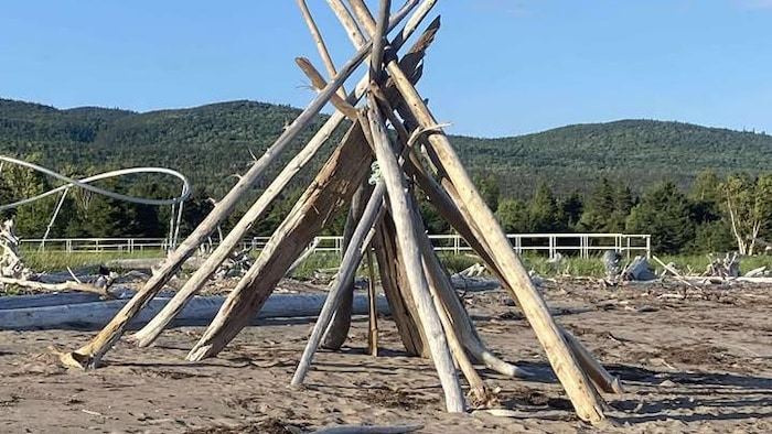 Une structure de bois sur la plage.