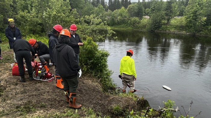 7 personnes installent une motopompe près d'une petite rivière.