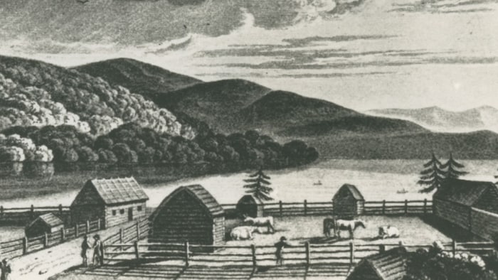 Dessin datant de 1827 produit par Joseph Bouchette et représentant une ferme qui borde le lac Témiscouata
