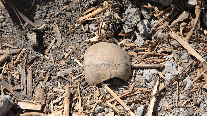 Une fosse commune à Al Otaiba, en banlieue de Damas. Les restes de plus de 170 personnes y ont été découverts en septembre 2025. 