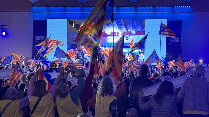Une foule survoltée agite des drapeaux de la Catalogne. 