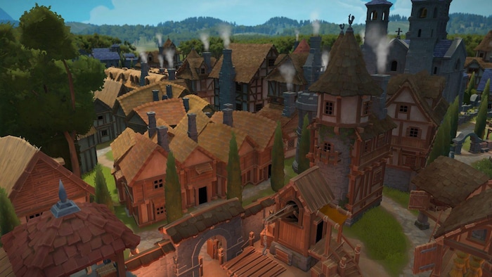 A medieval village in a video game.