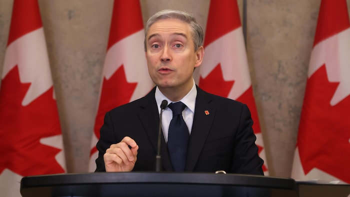 Le ministre Champagne en conférence de presse devant des drapeaux canadiens.