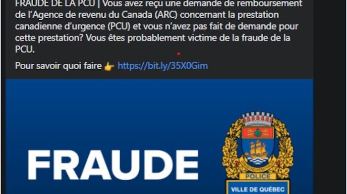 On voit un message de la police de Québec publié sur sa page Facebook et destiné aux victimes de fraude liée à la PCU.