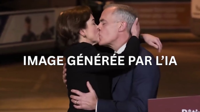 Mark Carney et Christine Fréchette en train de s'embrasser passionnément. L'image est générée par l'intelligence artificielle.