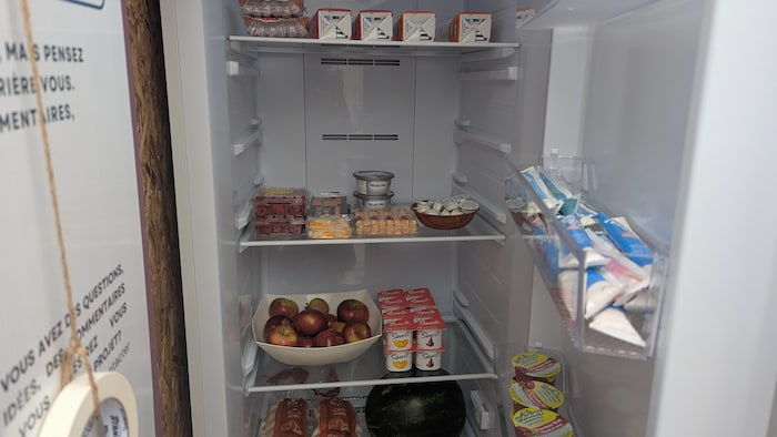Des fruits, des yogourts, des compotes et des jus sont placés sur les tablettes d'un réfrigérateur.